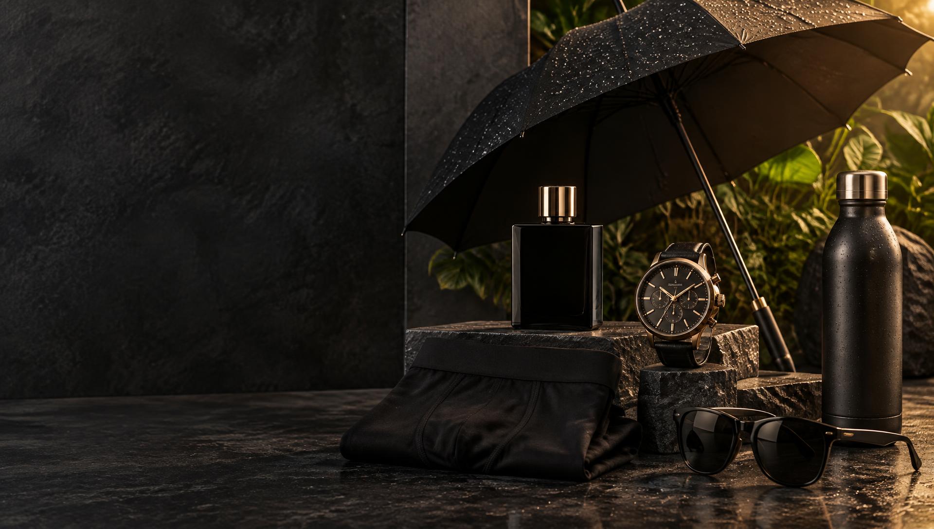 A curated arrangement of a perfume bottle, watch, umbrella, water bottle, and sunglasses